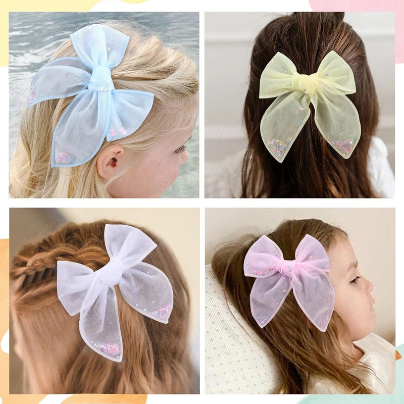 C.N. 6 PCS Tulle Hair Bows for Girls, Toddler Bows with Glitter Star Alligator, Colorful Hair Barrettes Wedding Hair Grips Accessories for Baby Girls Infants Toddler Teens Party (Type A) - Image 3
